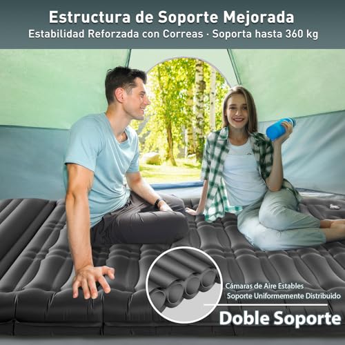 Elegear Colchon Inflables Matrimonial Camping, 14CM Ultra-Thick Colchón Inflable para 2 Personas con Bomba de Pie, Colchón de Aire Autohinchable para Acampar Mochileros Senderismo Tiendas,Gris