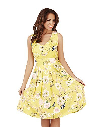 Pistachio, Ladies Frill Detail Knee Length Summer Holiday Dress, Yellow, Large (US 12-14)