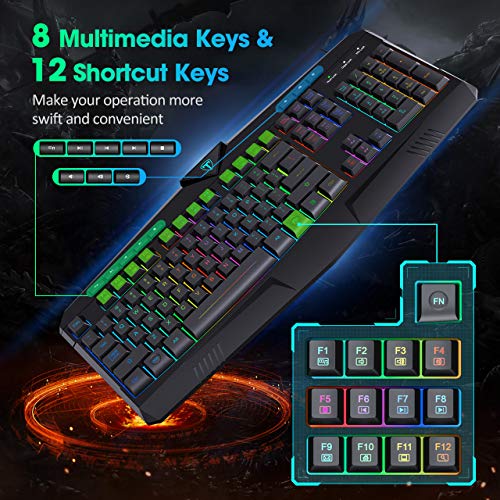 PICTEK RGB Gaming Keyboard USB Wired Keyboard, Crater Architecture Backlit Computer Keyboard with 8 Independent Multimedia Keys, 25 Keys Anti-ghosting, Splash-Proof, Ideal for PC/Mac Game, Black