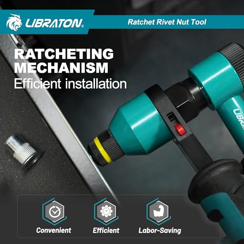 LIBRATON Riveter for Threaded Inserts, Hand Riveter Threaded Inserts, Ratchet Threaded Riveter, Pliers Threaded Riveter with 5 Metric Spindles, 5 Nozzles, 50 Rivets Nuts, Box