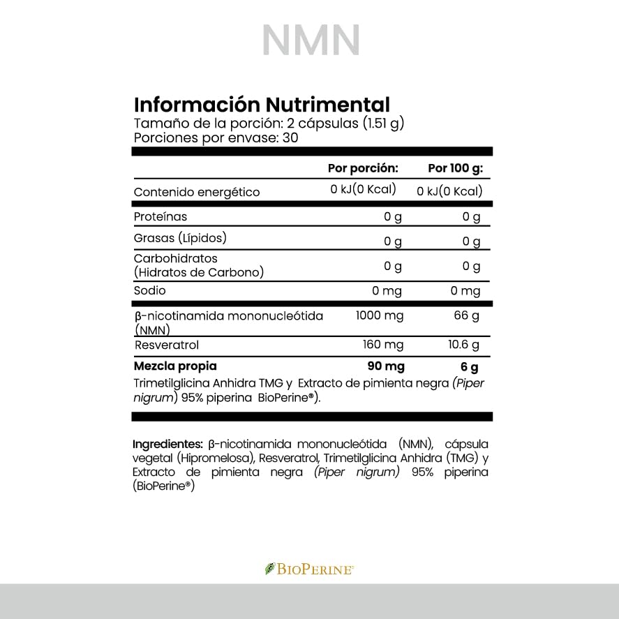 CellX | NMN 1000 mg con Resveratrol, TMG y BioPerine® | 60 Servicios | Patente | Formulado en EUA