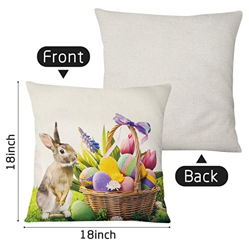 JOHOUSE 4 Pieces Easter Pillowcase, Rabbit Eggs Linen Pillow Cushion Case Easter Bunny Upholstered Sofa Pillowcases, 18 x 18 inch