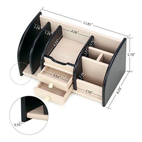 AZDENT Wood Desk Organizer Office Storage Rack with 2 Drawers 5 Compartments 2 Mail Sorter Holder Desktop Table and Counter