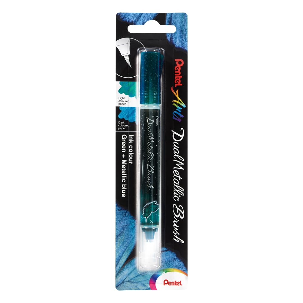 Pentel XGFH-DDX Dual Metallic Brush Pen Filled With Depending on Paper Colour, Iridescent Glitter Ink, Nylon Fibres, Fine to Wide Strok, Green/Metallic Blue, 1 Piece on Blister Card