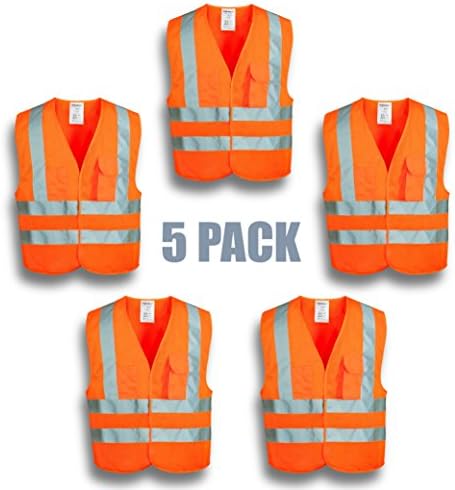 XSHIELD XS0006,High Visibility Mesh Safety Vest with Silver Stripe,ANSI/ISEA 107-2015 Type R Class2 Not FR,Pack of 5 (L, Orange)