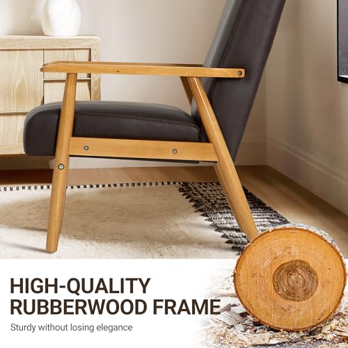COLAMY PU LEATHER ACCENT CHAIR SET OF 2 FOR LIVING ROOM, MID CENTURY MODERN RELAXING ARMCHAIR WITH SOLID WOOD FRAME & SOFT CUSHION（BROWN