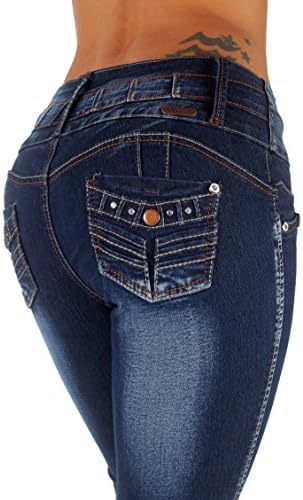 Style LA6A174S โ Colombian Design, Mid Waist, Butt Lift, Skinny Jeans in Washed Dark Blue Size 1