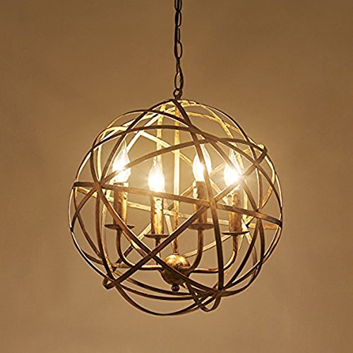 NIUYAO Industrial Vintage Rustic Wrought Iron Style Aged Brass Candle Chandelier Globe Shade Pendant Light Hanging Lighting Fixture with 4 lights - Thumbnail 4