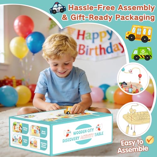 Weilim Baby Activity Table, Wooden Sensory Table with Bead Maze Sort Shapes and Train Circuit, Montessori Farm Toy, Educational Toy for Kids (Car)
