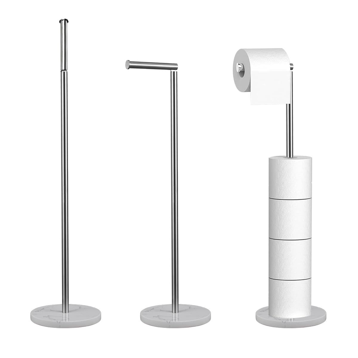 Flybath Free Standing Toilet Roll Holder 68CM with Marble Base Foldable Huge Toilet Paper Stand Stainless Steel Heavy Duty Bathroom Roll Storage Dispenser, Brushed Silver