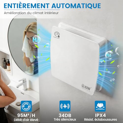 XIIW 100 mm VMC Bathroom Air Extractor with Timer | 12W 95m³/h 34dB IPX4, Non-Return Valve, Silent Fan, Bathroom, Basement and Kitchen, Wall & Ceiling, White