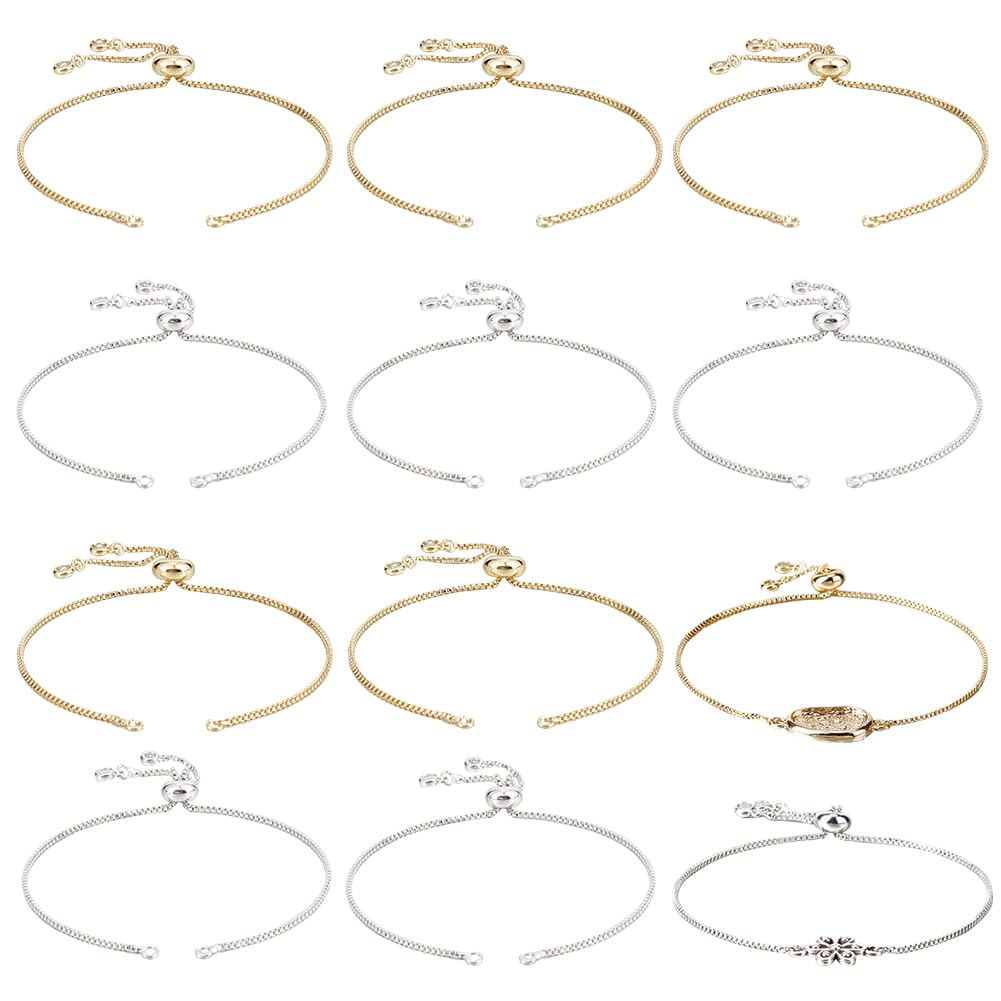 Beebeecraft 10Pcs/Box 12cm 2 Colors Adjustable Slider Bracelet 18K Gold & Platinum Plated Silver Cubic Zirconia Italian Extender Ball End Chain for Jewellery Making DIY Findings