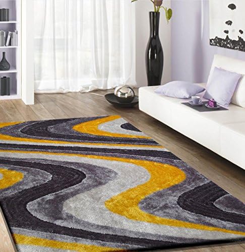Amazing Rugs Gray / Yellow Waves Nube Modern Soft Plush Shag Area Rug 2 x 3