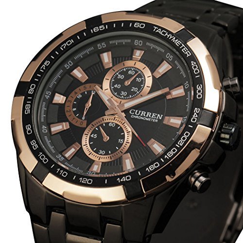 Men's Black Dial Rose Gold Bezel Quartz Analog Clock Sport Stainless Steel Black Wrist Watch