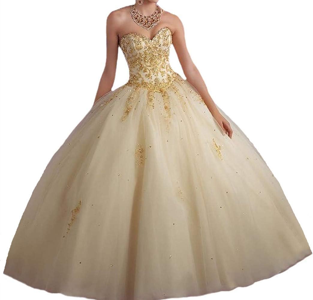 Princess Lace with Tulle Sweet 16 Prom Quinceanera Dress Gold