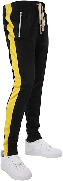 Premium Side Stripe Zip Pocket Track Pants Black Yellow