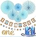 FIRST BIRTHDAY DECORATION SET FOR BOY- 1st Baby Boy Birthday Party, Blue Hat Crown, Circle Dots Paper Garland, Cake Topper -