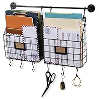 Wall35 Rivista Wall Mounted Metal Wire Baskets with Rail and Hooks - Rustic Design Multi-use Hanging File Folder - Mail Entryway Organizer - Kitchen Utensil Storage - Black