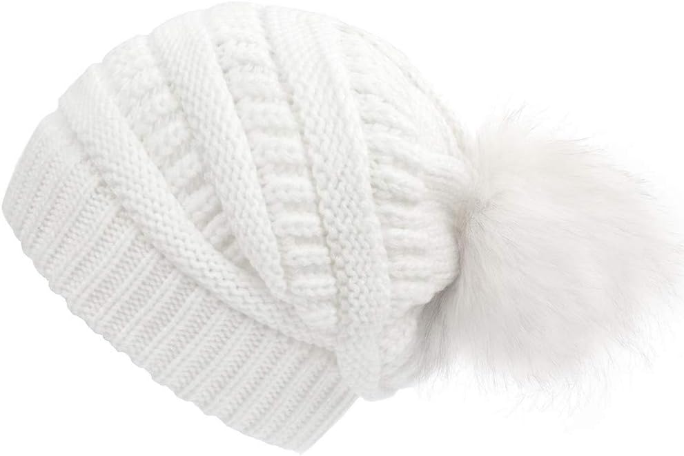 Dikoaina Womens Girls Winter Fur Hat Large Faux Fur Pom Pom Slouchy Beanie Hats (Slouch White)