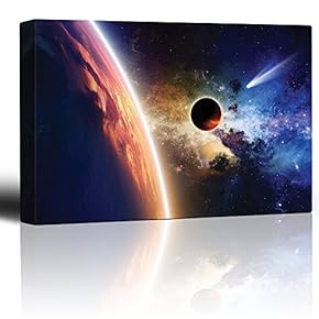 Planet Earth on a Rainbow Galaxy with a Shooting Star - Canvas Art Home Art - 12x18 inches