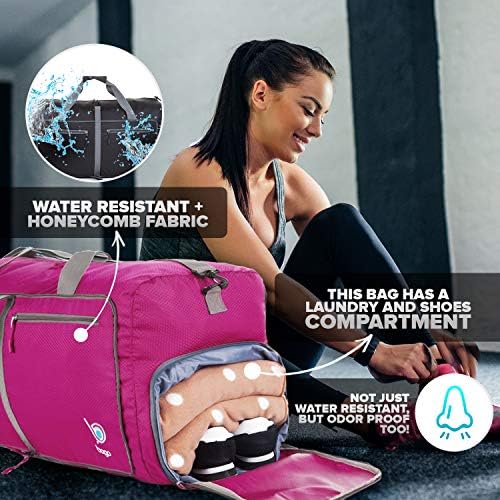 Bago 60L Sports & Travel Duffle Bag - Foldable Weekender Bag For Women & Men - Lightweight waterproof Shoe Pocket (Pink) 4 Bago 60L Sports & Travel Duffle Bag - Foldable Weekender Bag For Women & Men - Lightweight waterproof Shoe Pocket (Pink)