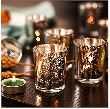 Decent Glass Set of 6 Silver Mercury Votive Tealight Candle Holders for Diwali, Lighting Decoration, Corporate Gifts, Home Decor (Copper, 6)