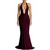 SHINFY Women Summer Halter Maxi Dress Ruched Bodycon V Neck Formal Cocktail Party Evening Dress