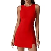 QINSEN Womens Crew Neck Tennis Dress Sleeveless Side Slit Golf Athletic Dress Build in Shorts with Pockets