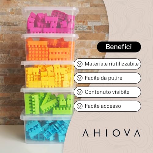 AHIOVA 4L Small Plastic Boxes with Lids Set of 6 Stackable Storage Boxes 100% Transparent Click Pressure 26.5 x 19.5 x 12.5 cm Bathroom Drawers Office BPA Free Made in Europe