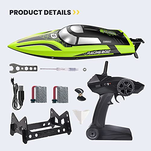DEERC RC Boat with LED Light, 30+ Mins, Self Righting Remote Control Boat for Pools & Lakes, 20+ MPH, 2.4GHz Racing Boats, 2 Battery, Summer Pool Toys for Kids