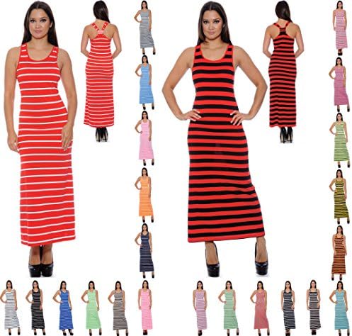 Enimay Women's Designer Stripe Summer Maxi Long Dress Scoop Neck Racerback