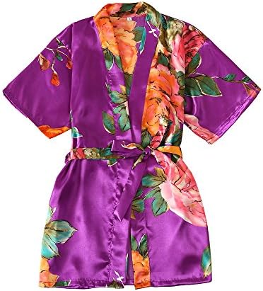 Zarachilable Kids' Satin Flower Girl Kimono Robe For Spa Party Wedding Birthday (Purple, Size 12)