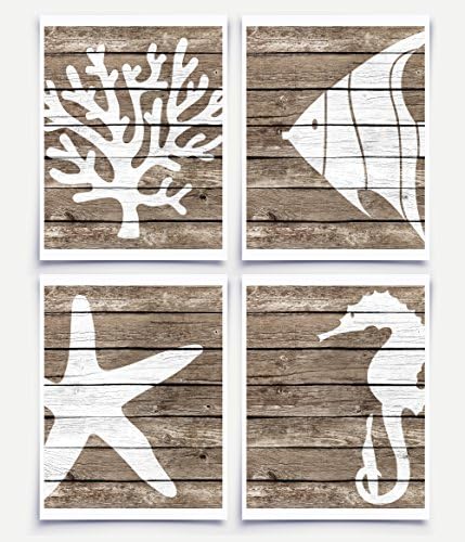 Paper Prints Rustic Nautical Sea Life Art Seahorse Starfish Coral Brown Unframed (Set of 4)