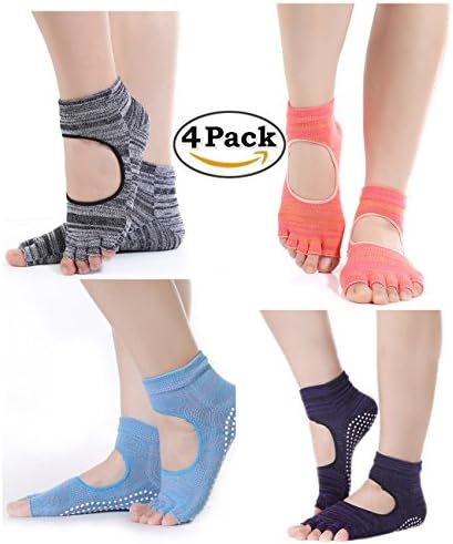iEase Non-slip Yoga Pilates Barre Sports Cotton Socks for Women,4 Pairs Yoga Socks with Grips
