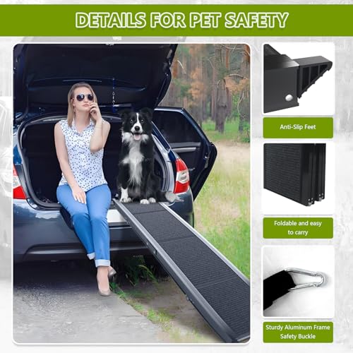 RUBLELITIE - Rampa para perros para coches, SUV, camión, 17.3 x 71 pulgadas, resistente plegable, amplia escaleras para mascotas con superficie antideslizante, diseño plegable portátil para perros
