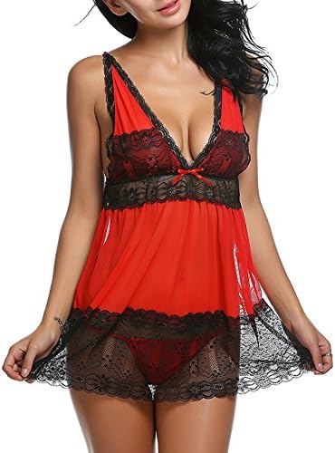 Svuencio Womens Sexy Plus Size Lace Babydoll Lingerie See-Through Mesh Pajamas Dress V-neck Sleepwear Sheer Underwear