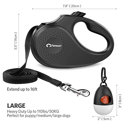 Peteast Retractable Dog Leash, 360Â° Tangle-Free, Heavy Dutyup to 110Lbs Pets, 16' Strong Reflective Nylon Tape with Waste Bag Dispenser, One-Handed Brake/Pause/Lock, L