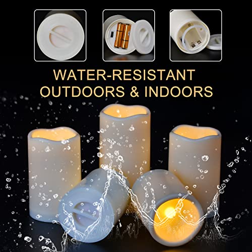 Angium Battery Powered Candles, Waterproof Outdoor Flameless Pillar Candles with 10-Key Timer Remote, Long Lasting, Set of 9