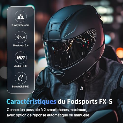 Fodsports FX-S Moto Duo Intercom for 2 Helmets, Bluetooth 5.4 Motorcycle Intercom, IP67 Waterproof Communication System, Universal Pairing, Handsfree Automatic/Manual