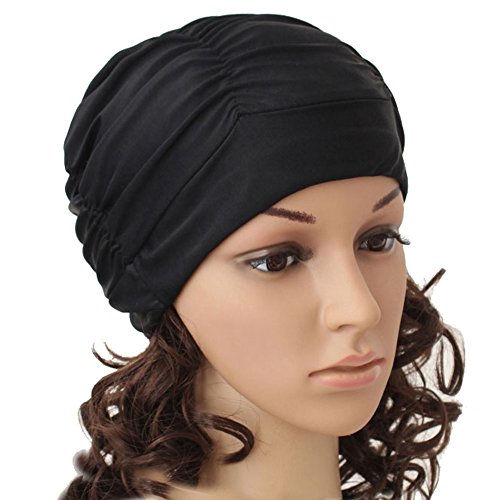 Eforstore Swimming Caps Long Hair Swim Cap Pleated Cloth Fabric Bathing Hats Lycra Beanie Hat for Adult Men Women(Black)
