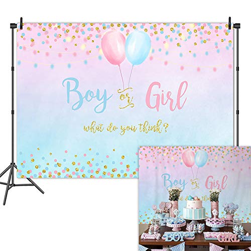 Mehofoto Boy or Girl Gender Reveal Backdrop Blue Pink Dots Balloon Photography Background 7x5ft Vinyl Gender Reveal Baby Shower Party Banner Backdrops