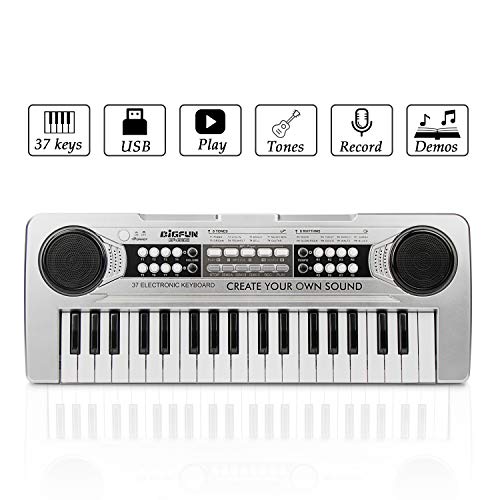 SAOCOOL Kids Keyboard Piano, 37 Keys Standard Size Multifunctional Electronic Organ Musical Kids Piano Teaching Keyboard with USB Function for Children Birthday Gift (Silver)