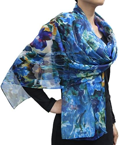 Seamaidmm Blue Flowers Water Color Floral Print Chiffon Scarf Blue