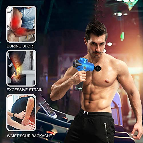Massage Gun, Percussion Muscle Massager with 6 Replaceable Heads and LCD Touch Screen, Ultra-Quiet, 20 Speeds Level for Muscle Tension Relief - MASWATER Massager (Blue)