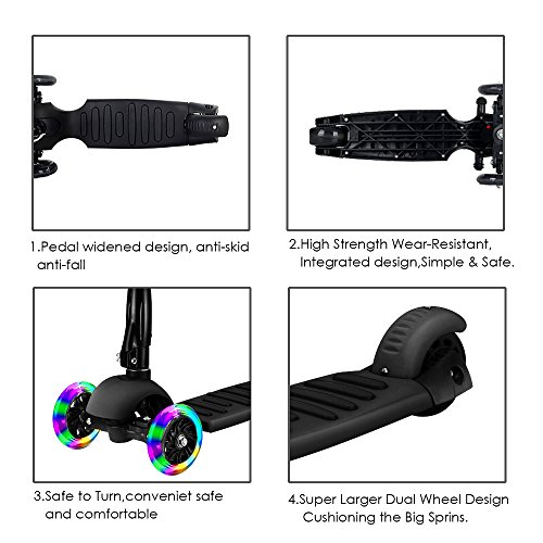 Greentest Scooter Foldable Adjustable Height Easy Turning 3 Wheel Kick Scooter for Kids Boys Girls with Flashing PU Wheels (Black) - Thumbnail 2