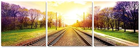 Railway Landscape Sunrise Purple Tree Painting on Canvas Modern Print Wall Decor for Living Room