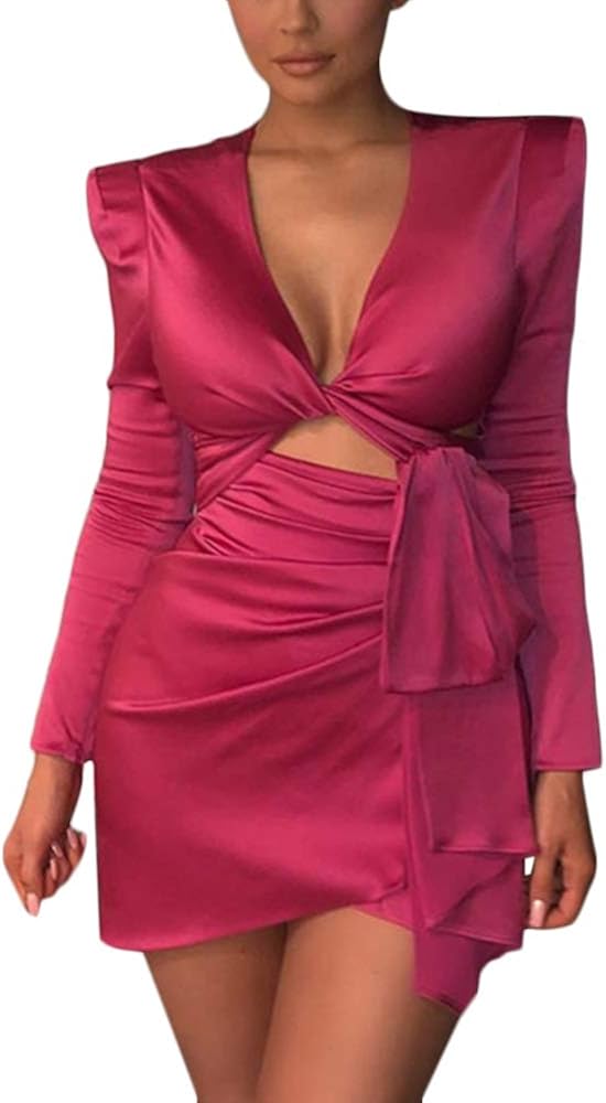 Yissang Women's Sexy Kylie Birthday Outfit Ruched Wrap Tie Cut Out Mini Dress