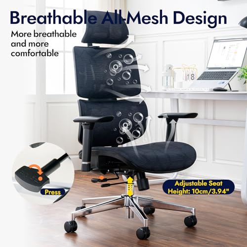TONFARY Professional Ergonomic Office Chair - Breathable Mesh Backrest, 130° Tilt, 3D Armrests and Adjustable Seat - Swivel Wheels, 150kg