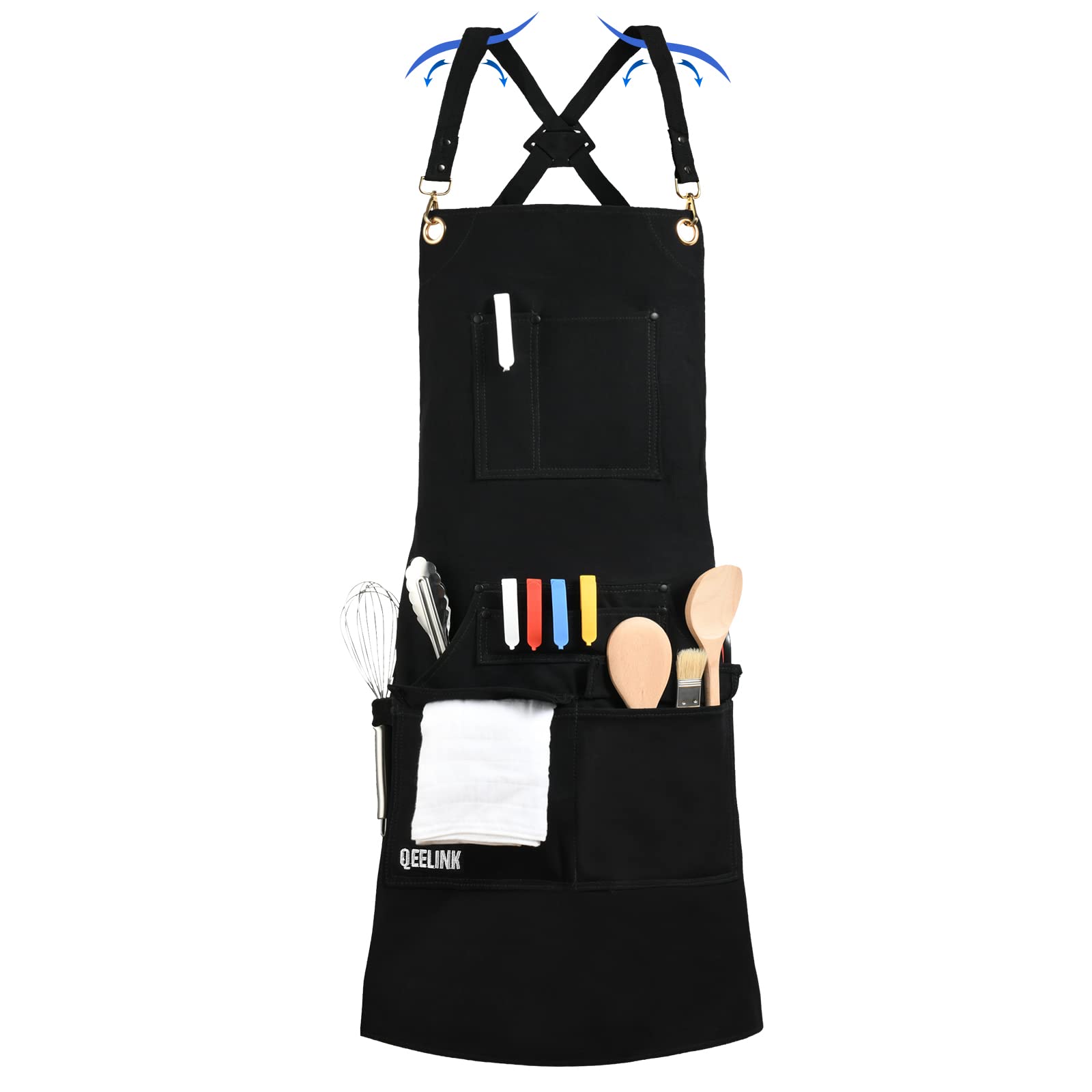 QeeLink Chef Apron with 10 Pockets, Black Kitchen Apron for Men Women, Professional Cooking Apron Adjustable M to XXXL, Perfect for BBQ, Restaurant, Coffee, Artist
