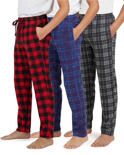 Real Essentials 3 Pack: Boys' Fleece Pajama Pants Soft PJ Bottoms for Kids Youth Teens Sleepwear (Ages 5-18)
